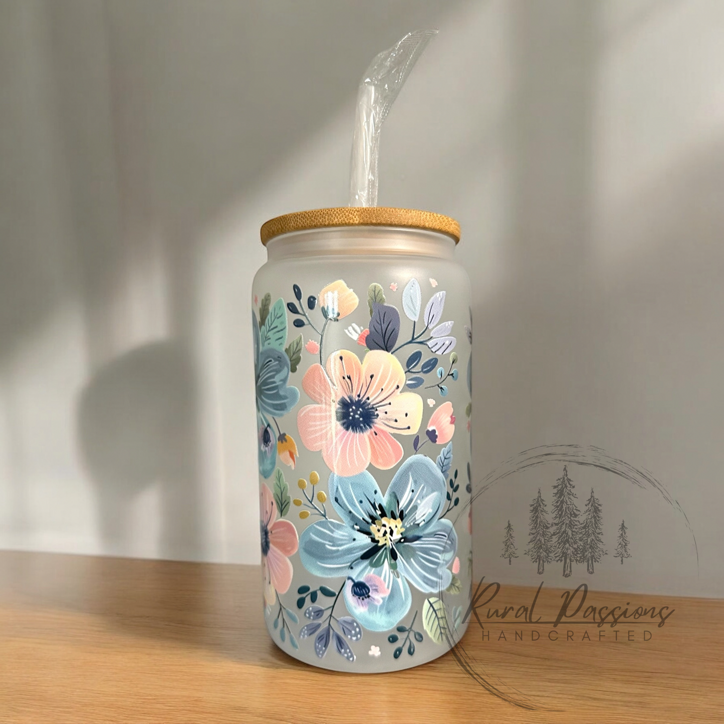 Floral Frosted Glass Can 16oz