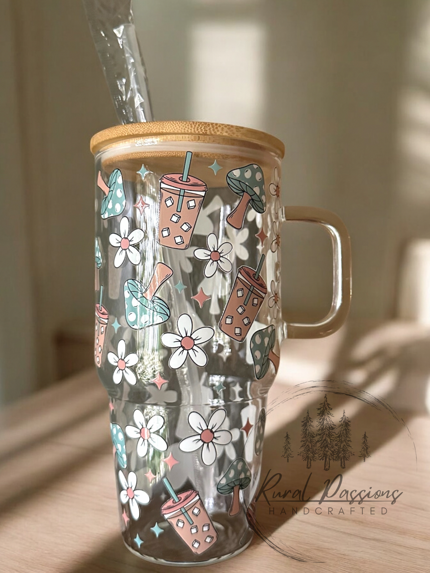Mushroom and Coffee 32oz Glass Handled