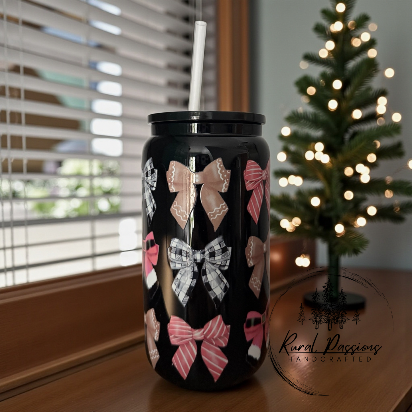 Christmas Bows 16oz Glass Can