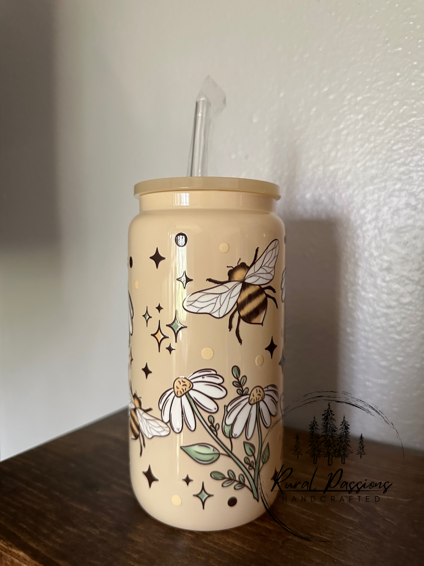 Floral Bees 16oz Glass Can