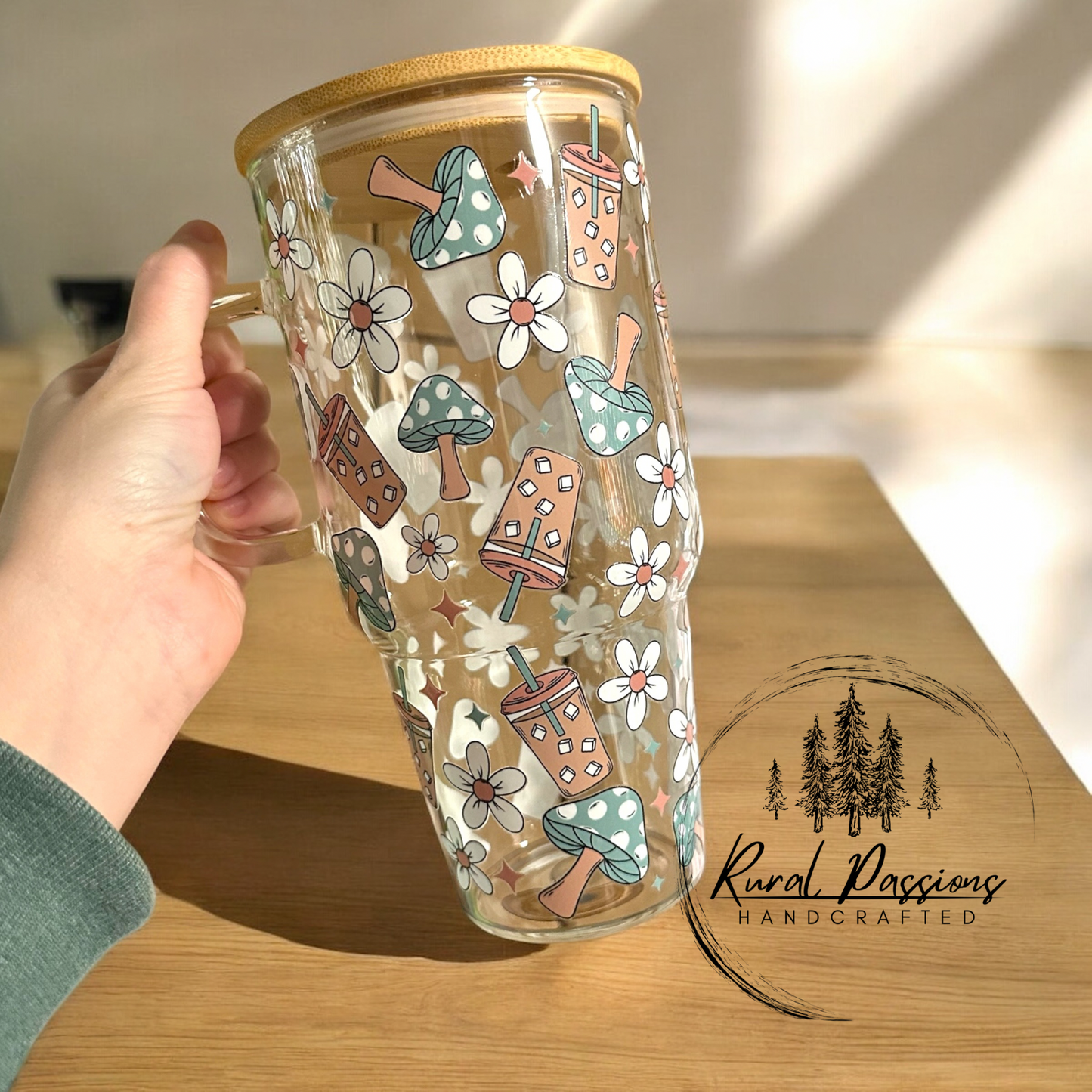 Mushroom and Coffee 32oz Glass Handled
