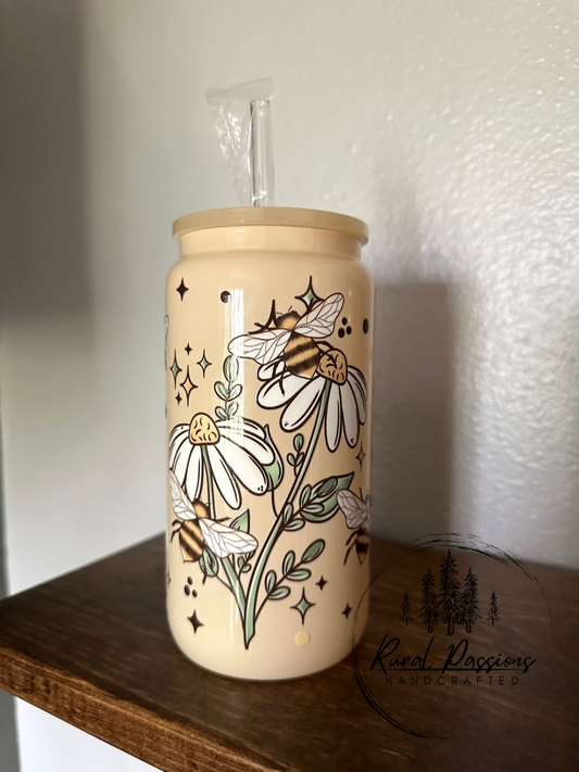 Floral Bees 16oz Glass Can
