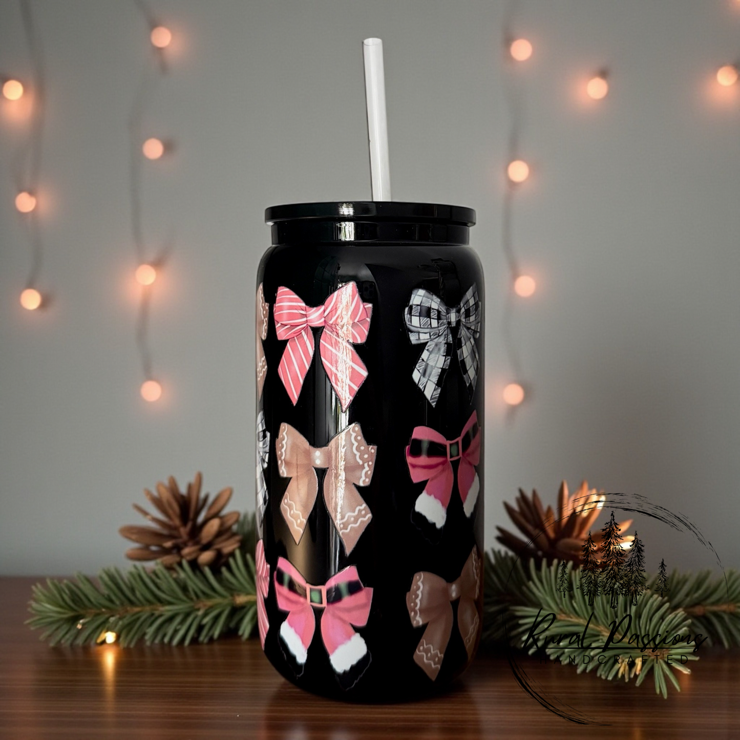 Christmas Bows 16oz Glass Can