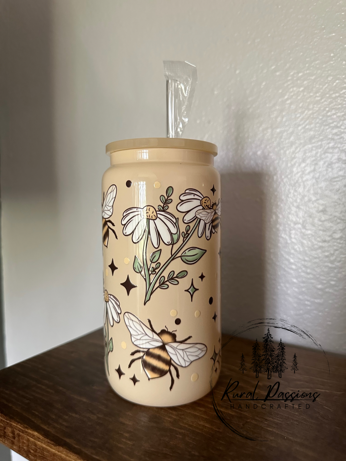 Floral Bees 16oz Glass Can