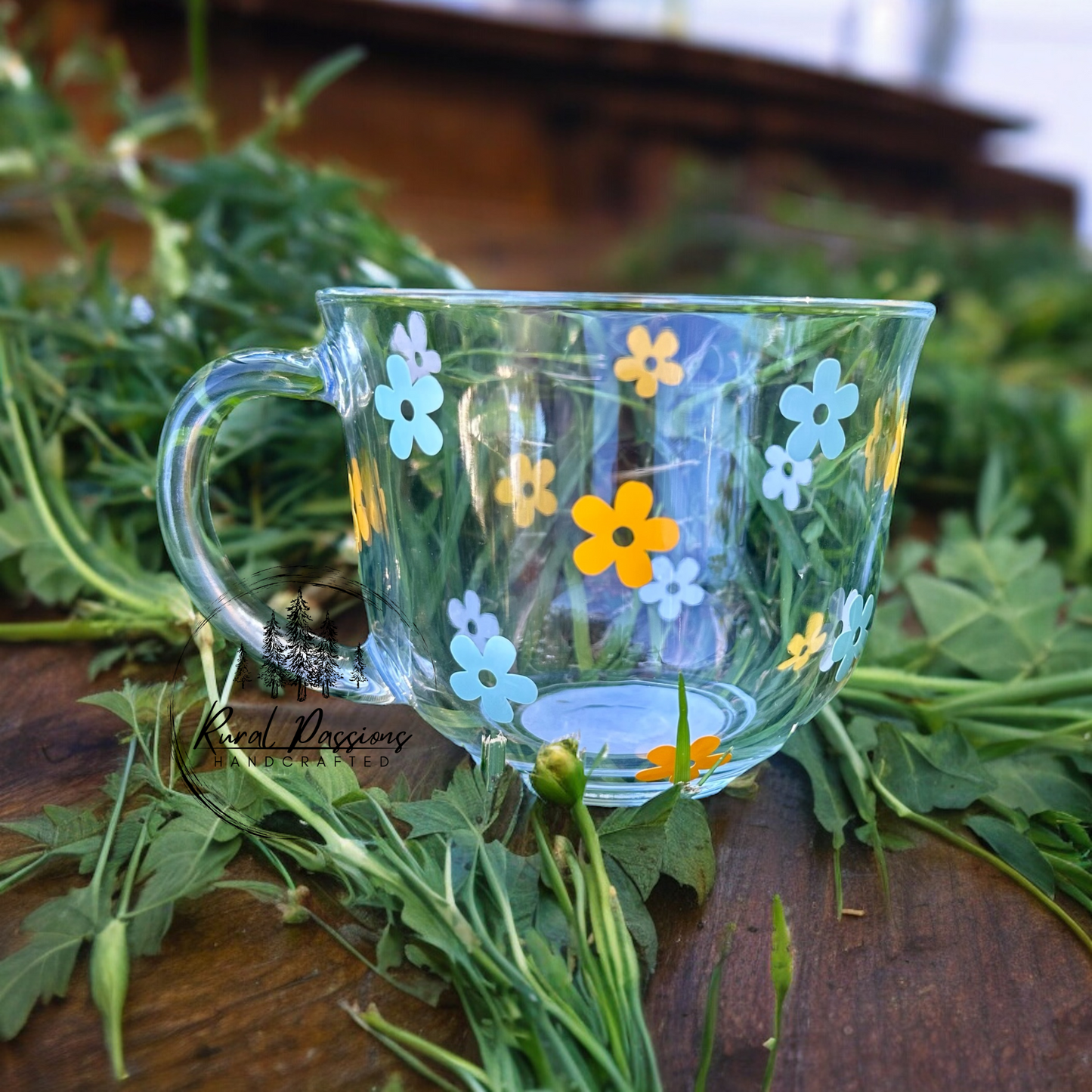 Blue and Orange Flower Glass Mug