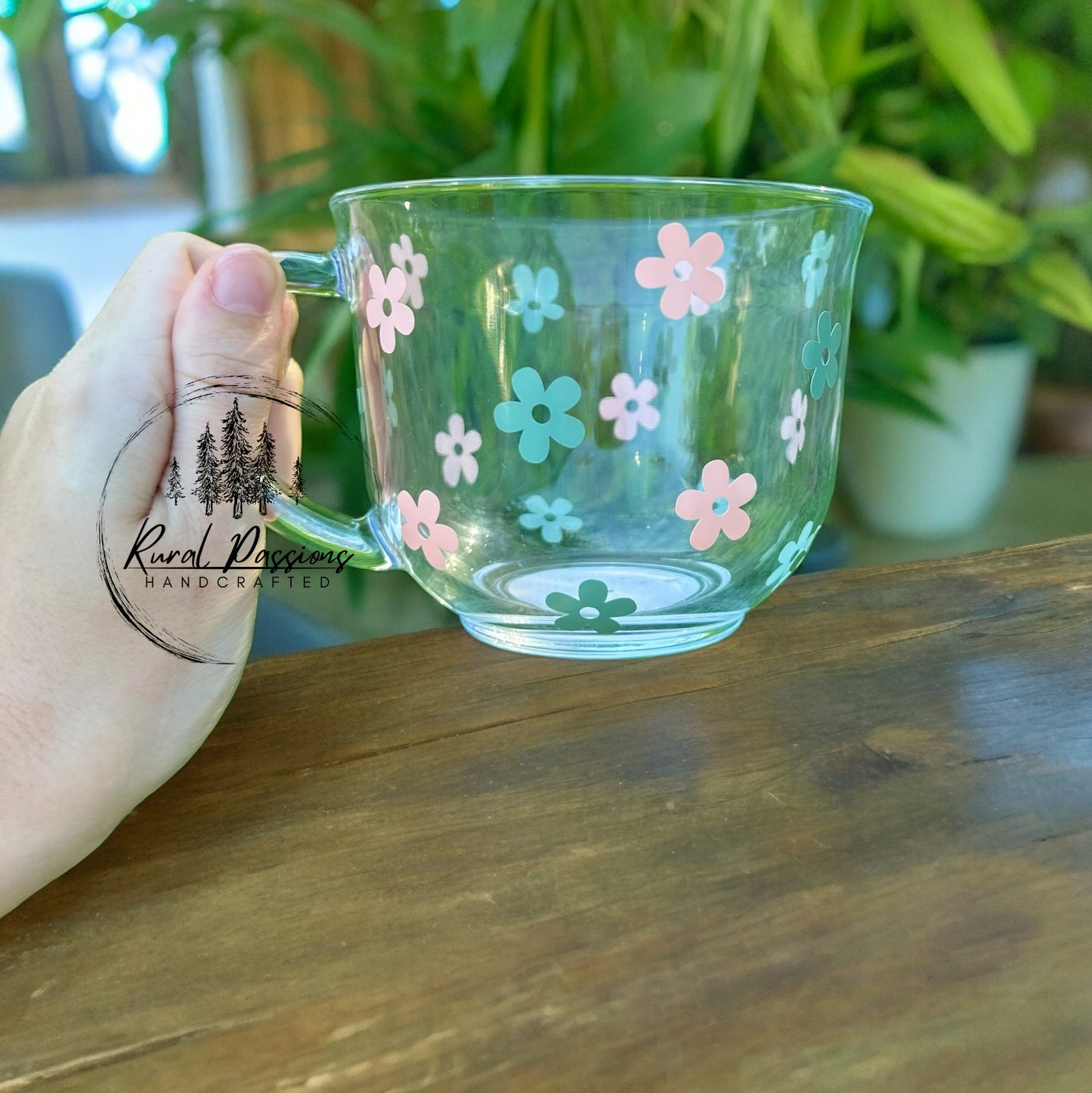 Green and Pink Flower Glass Mug