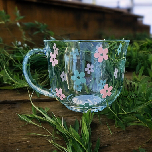 Green and Pink Flower Glass Mug